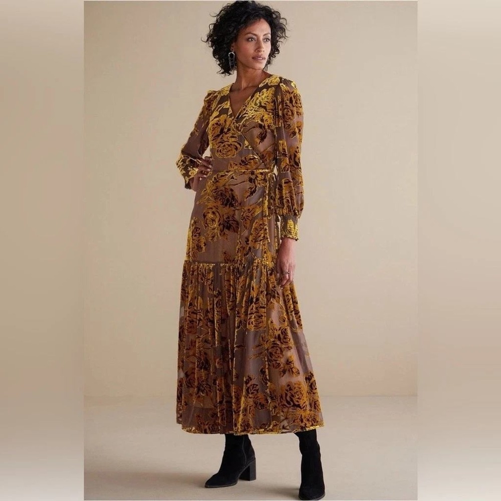 Soft Surroundings Jamila Velvet Dress Womens XL Neutral Floral NEW Burnout Maxi